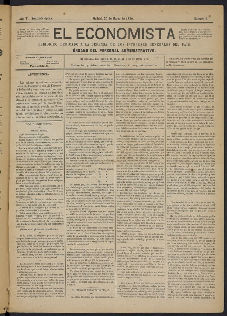 Miniatura de El Economista Industrial del 30 de marzo de 1880, nº 6