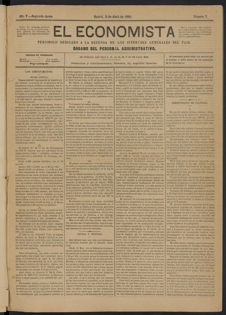 Miniatura de El Economista Industrial del 5 de abril de 1880, nº 7