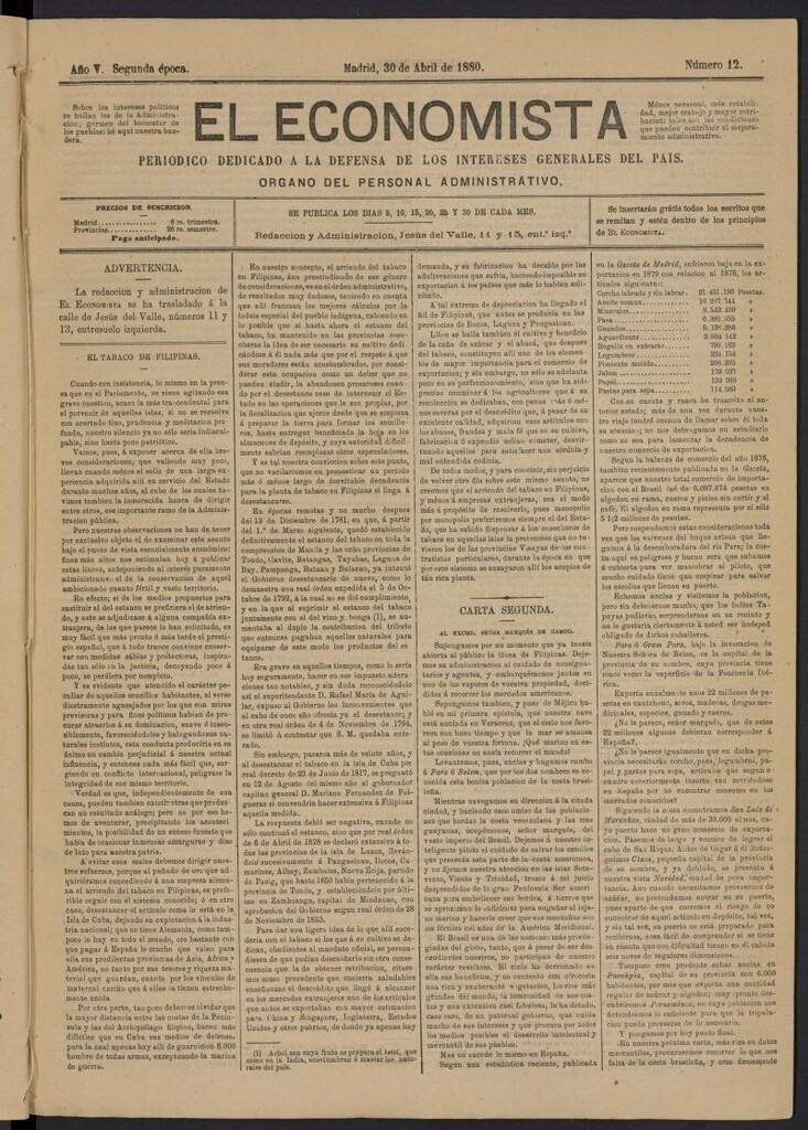 Miniatura de El Economista Industrial del 30 de abril de 1880, nº 12