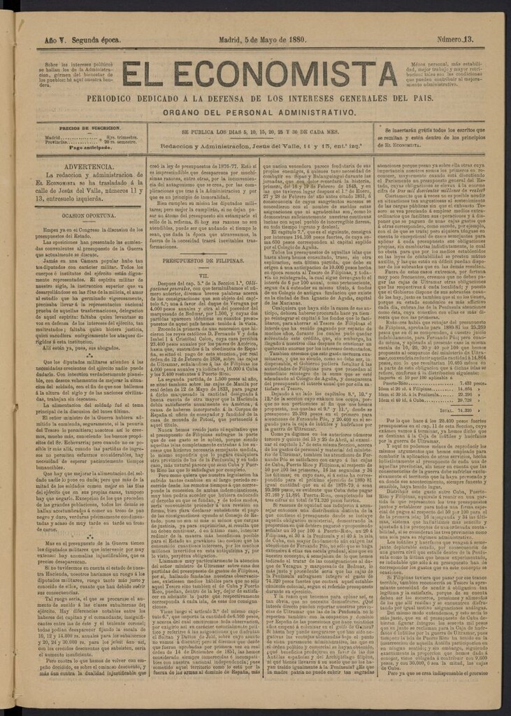 Miniatura de El Economista Industrial del 5 de mayo de 1880, nº 13