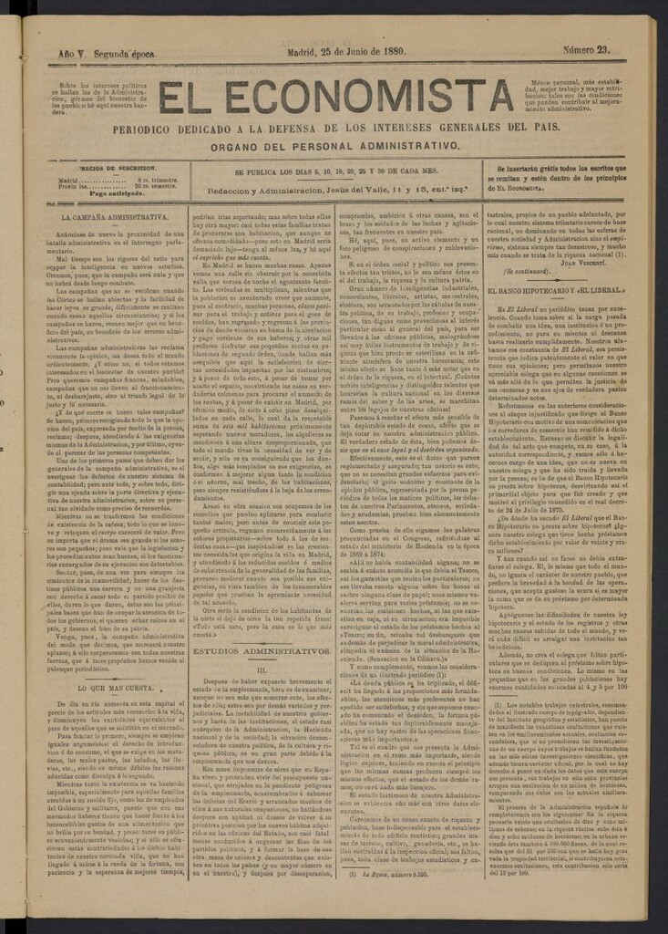 Miniatura de El Economista Industrial del 25 de junio de 1880, nº 23