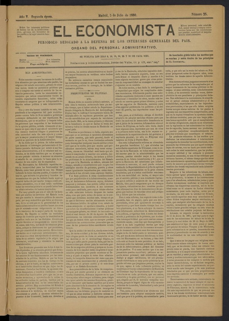 Miniatura de El Economista Industrial del 5 de julio de 1880, nº 25