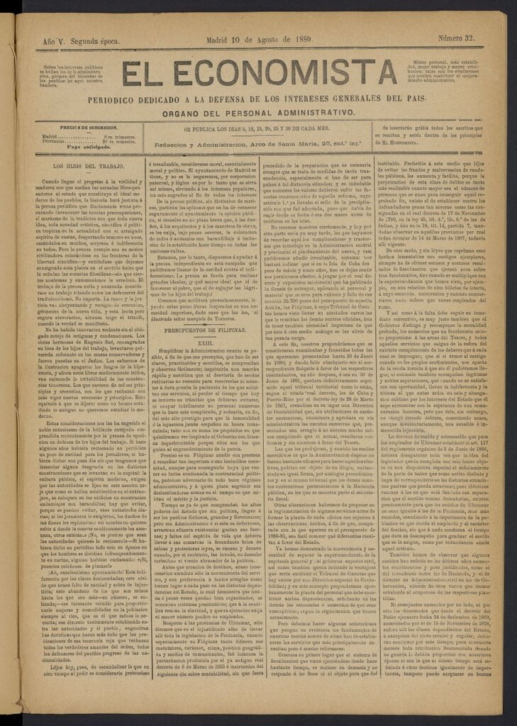Miniatura de El Economista Industrial del 10 de agosto de 1880, nº 32