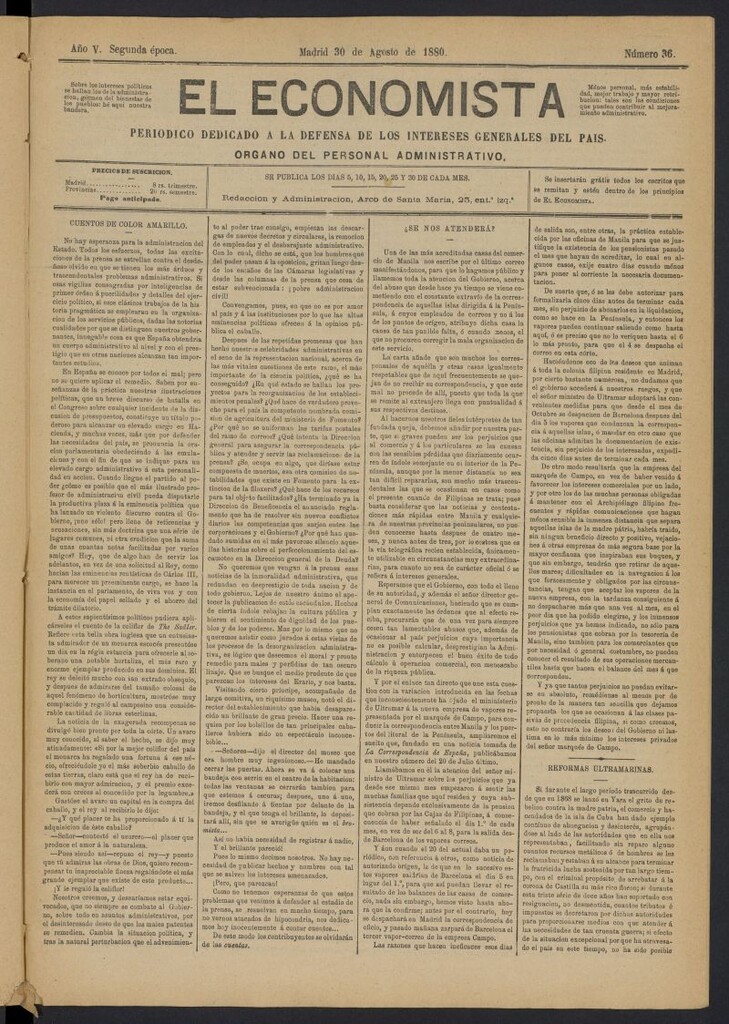 Miniatura de El Economista Industrial del 30 de agosto de 1880, nº 36