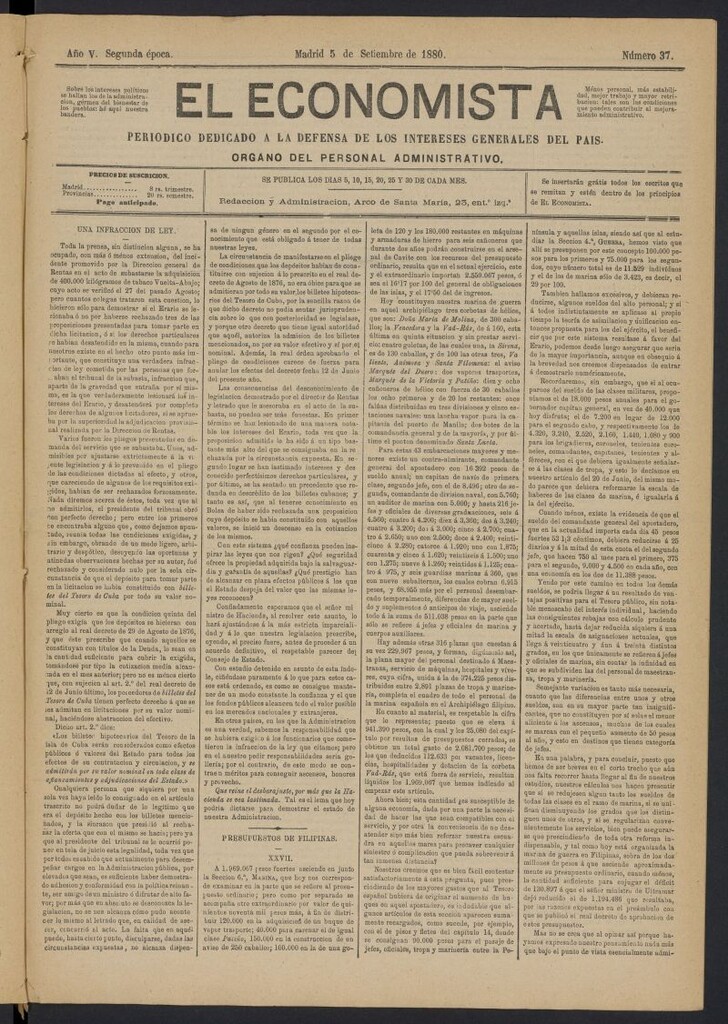 Miniatura de El Economista Industrial del 5 de septiembre de 1880, nº 37