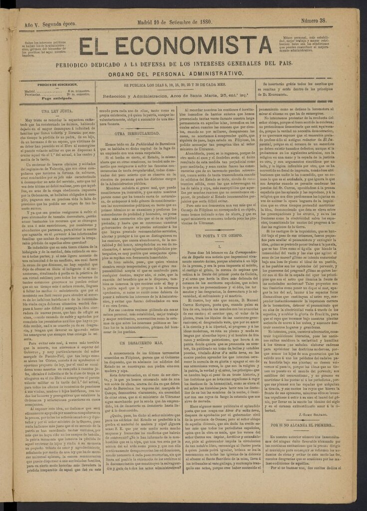 Miniatura de El Economista Industrial del 10 de septiembre de 1880, nº 38