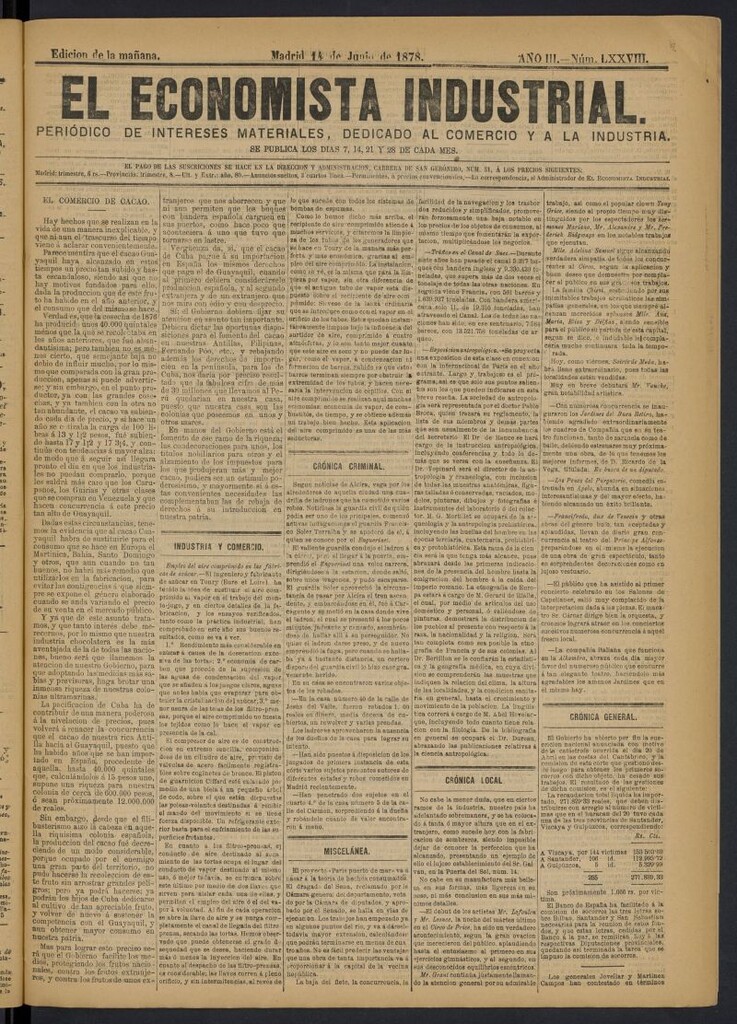 Miniatura de El Economista Industrial del 14 de junio de 1878, nº 78