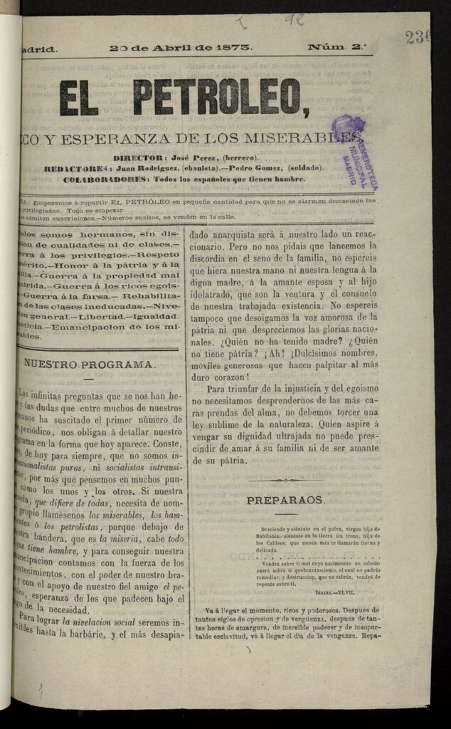 Miniatura de El Petróleo: eco y esperanza de los miserables del 20 de abril de 1873