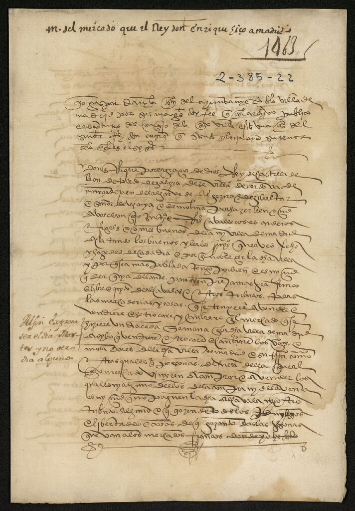 Miniatura de Traslado de 1543 del Privilegio de Enrique IV concediendo a Madrid un mercado franco de alcabalas y otros tributos, a celebrar todos los martes en la plaza situada enfrente de los Alcázares