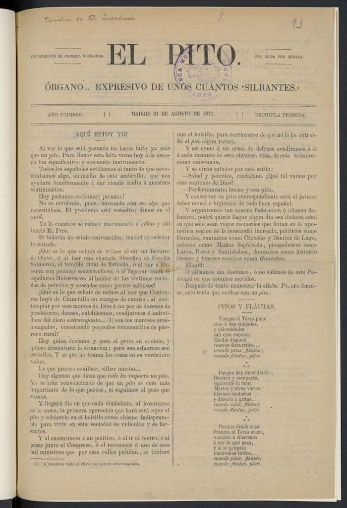 Miniatura de El Pito: órgano expresivo de unos cuantos silbantes del 21 de agosto de 1873
