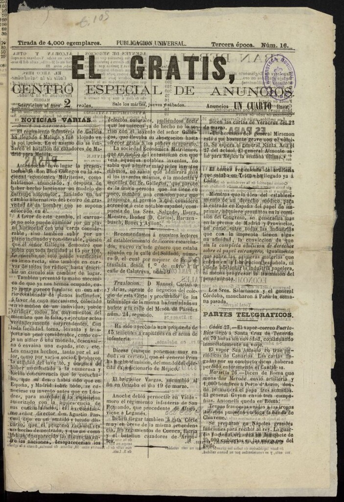 Miniatura de El Gratis, diario pintoresco de avisos para Madrid y las provincias de 1862, nº 16