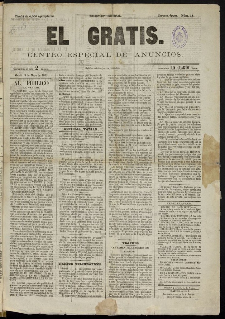 Miniatura de El Gratis, diario pintoresco de avisos para Madrid y las provincias del 3 de mayo de 1862