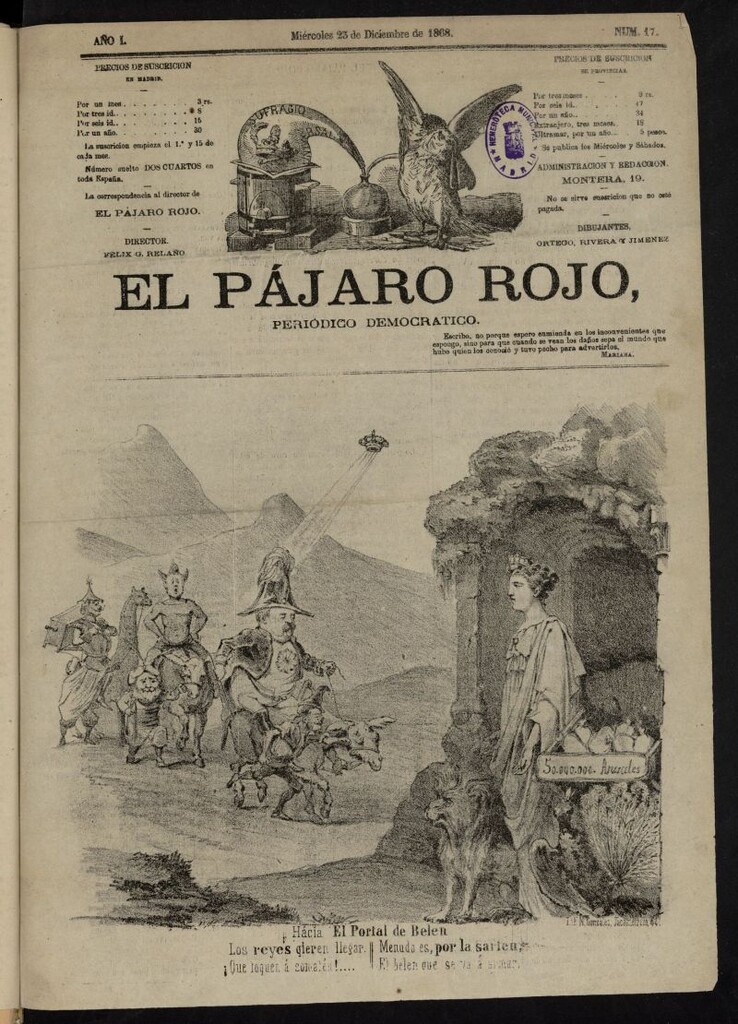 Miniatura de El Pájaro Rojo: periódico democrático del 23 de diciembre de 1868