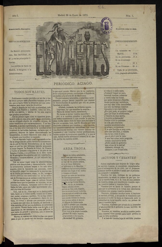 Miniatura de El Martes: periódico aciago del 28 de enero de 1873