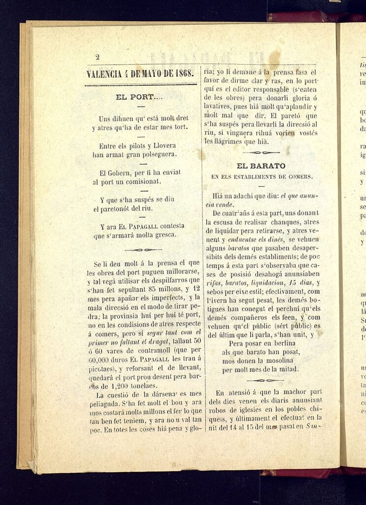 Miniatura de El Papagall: semanario bilingüe, satíric y plorós del 4 de mayo de 1868