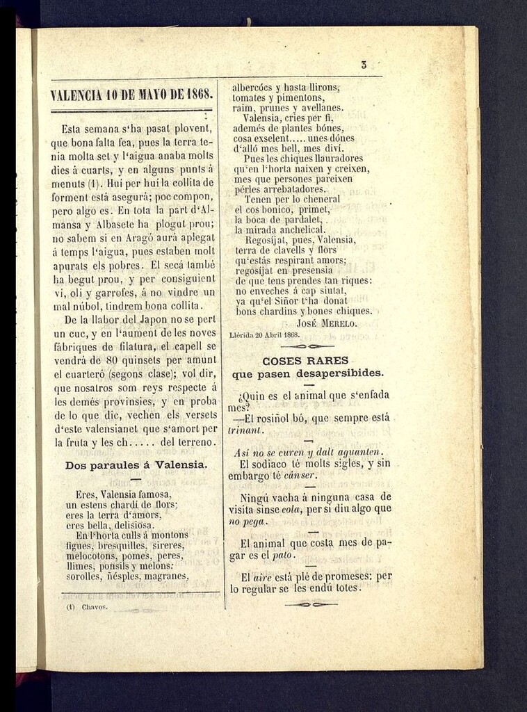 Miniatura de El Papagall: semanario bilingüe, satíric y plorós del 10 de mayo de 1868