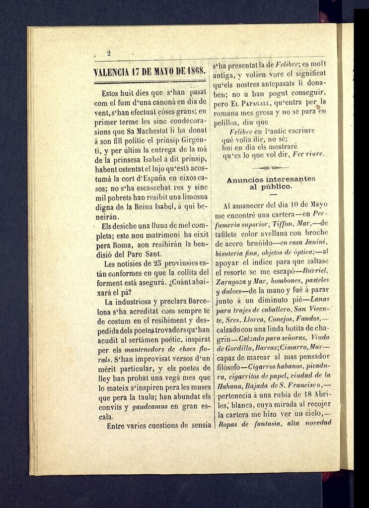 Miniatura de El Papagall: semanario bilingüe, satíric y plorós del 17 de mayo de 1868