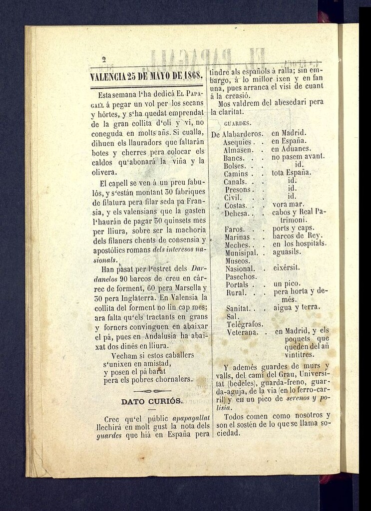 Miniatura de El Papagall: semanario bilingüe, satíric y plorós del 25 de mayo de 1868