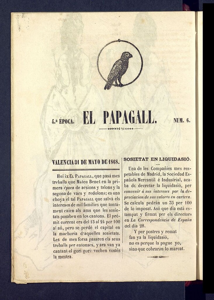 Miniatura de El Papagall: semanario bilingüe, satíric y plorós del 31 de mayo de 1868