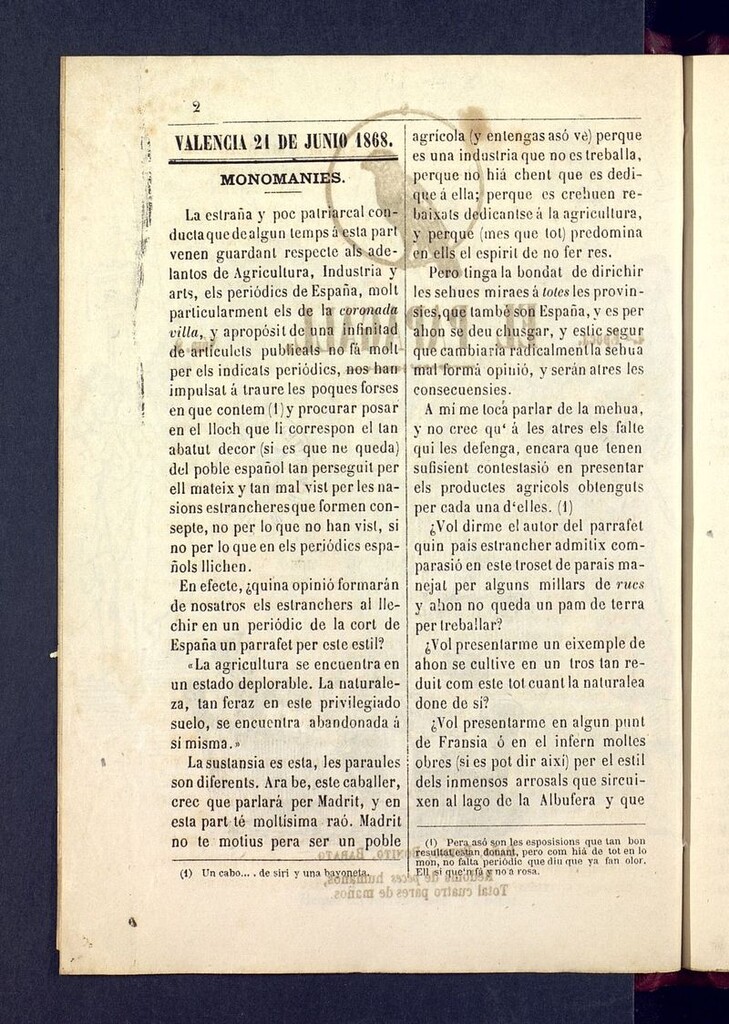 Miniatura de El Papagall: semanario bilingüe, satíric y plorós del 21 de junio de 1868