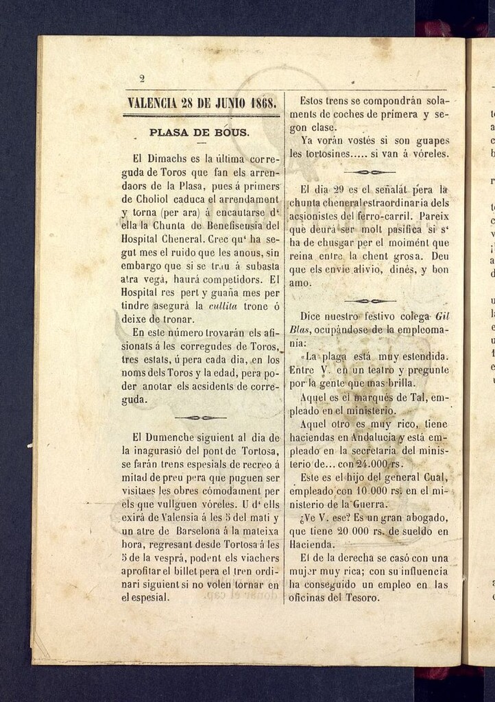 Miniatura de El Papagall: semanario bilingüe, satíric y plorós del 28 de junio de 1868