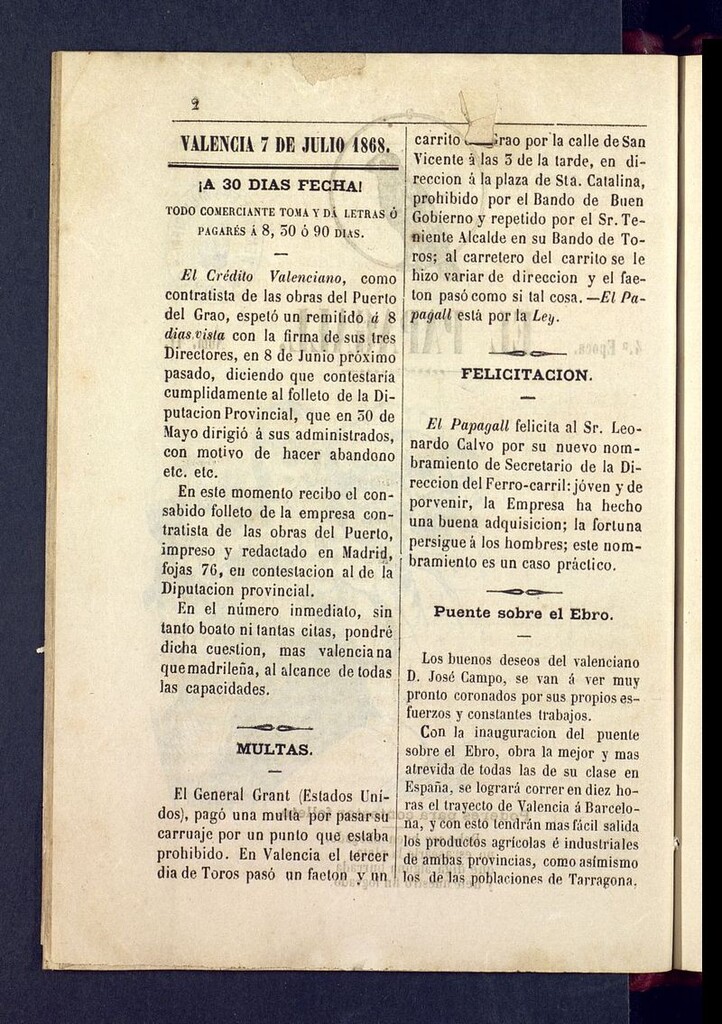 Miniatura de El Papagall: semanario bilingüe, satíric y plorós del 7 de julio de 1868