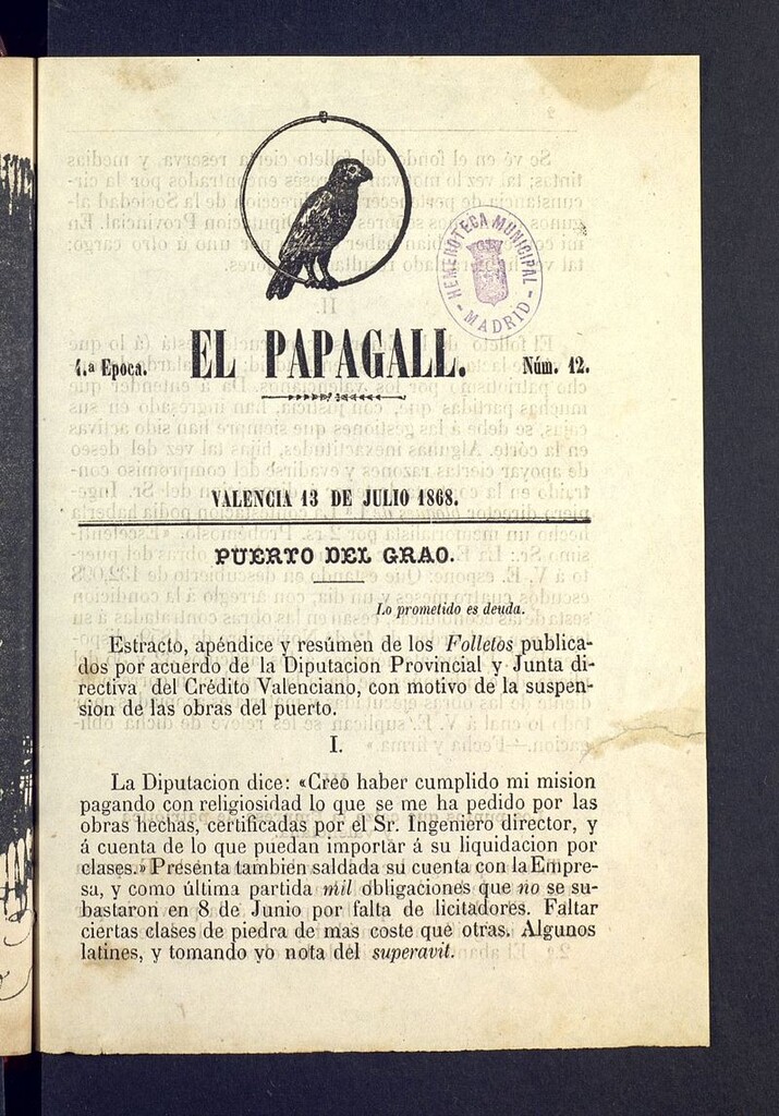 Miniatura de El Papagall: semanario bilingüe, satíric y plorós del 13 de julio de 1868