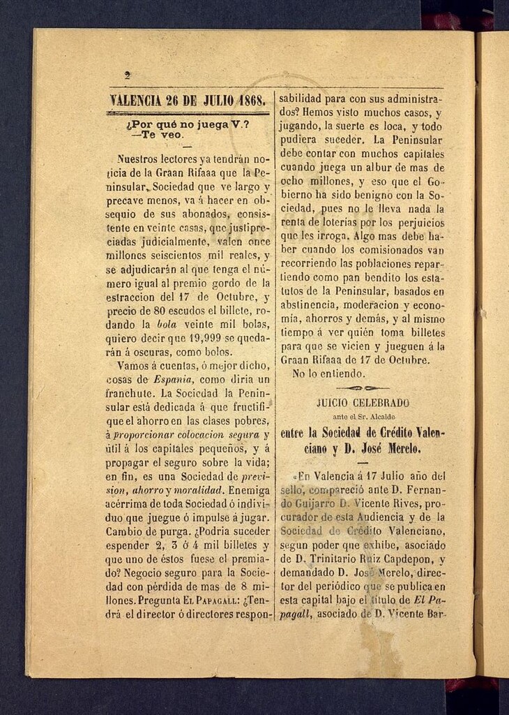 Miniatura de El Papagall: semanario bilingüe, satíric y plorós del 26 de julio de 1868