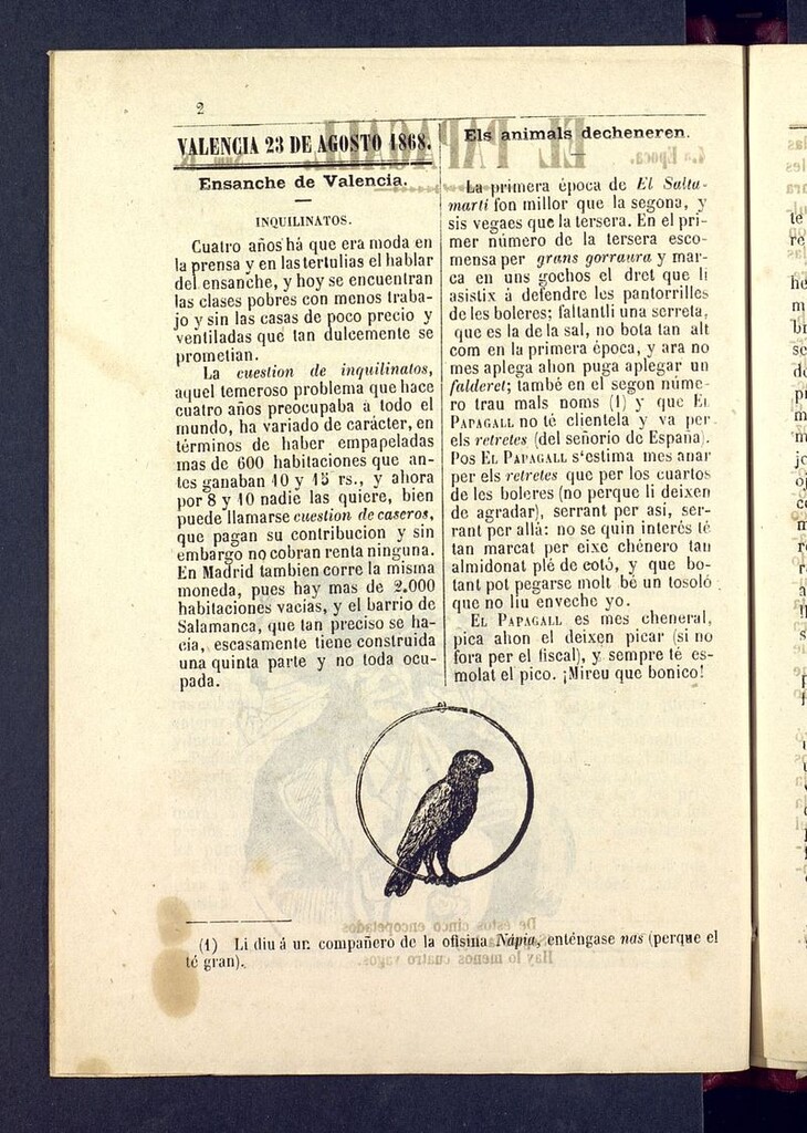 Miniatura de El Papagall: semanario bilingüe, satíric y plorós del 23 de agosto de 1868