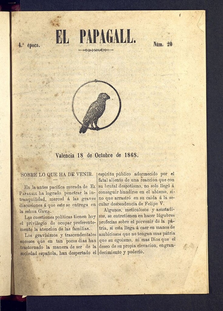 Miniatura de El Papagall: semanario bilingüe, satíric y plorós del 18 de octubre de 1868