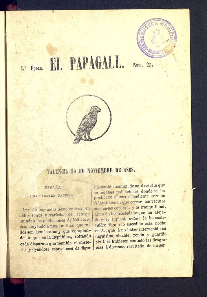 Miniatura de El Papagall: semanario bilingüe, satíric y plorós del 30 de noviembre de 1868
