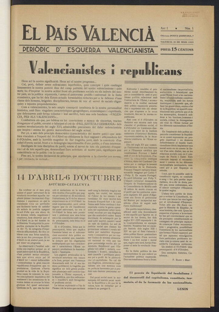 Miniatura de El país valencià: periòdic d´esquerra valencianista del 18 de mayo de 1935