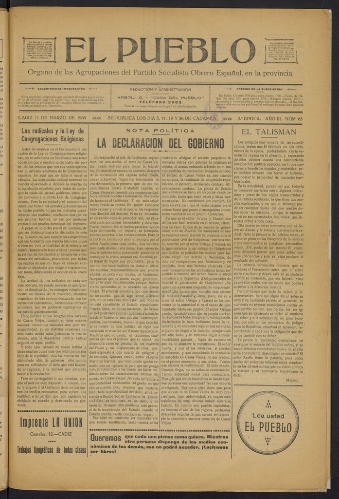Miniatura de El Pueblo (Cádiz. 1931) del 11 de marzo de 1933