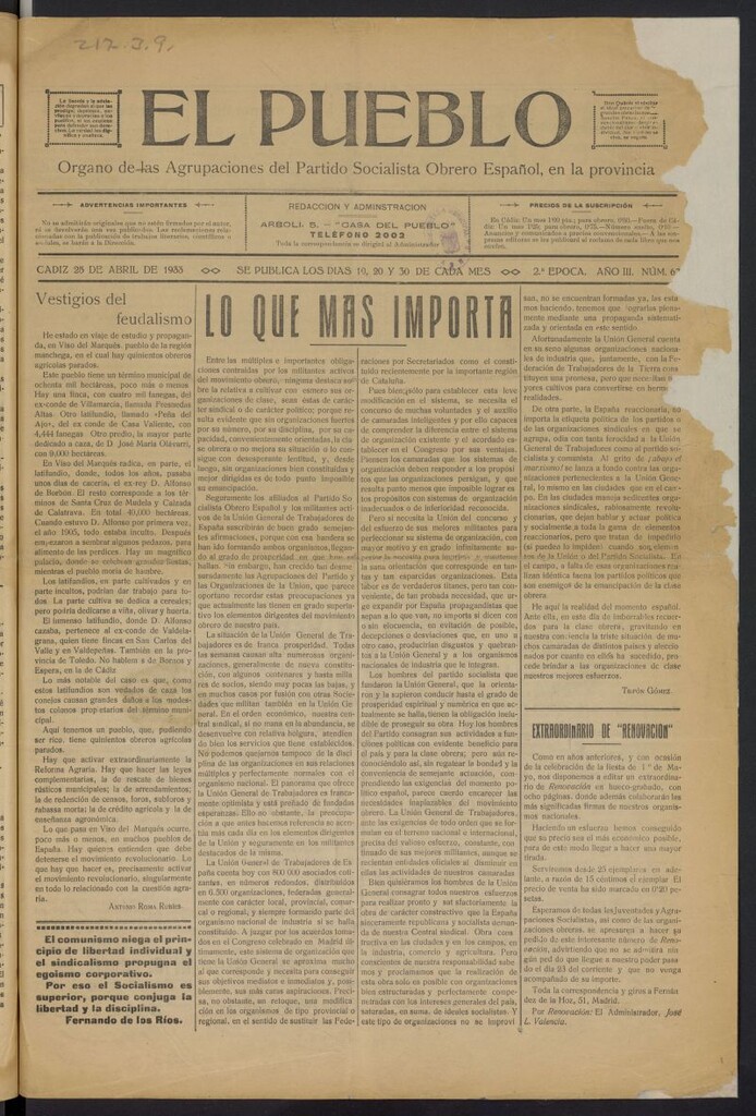 Miniatura de El Pueblo (Cádiz. 1931) del 25 de abril de 1933