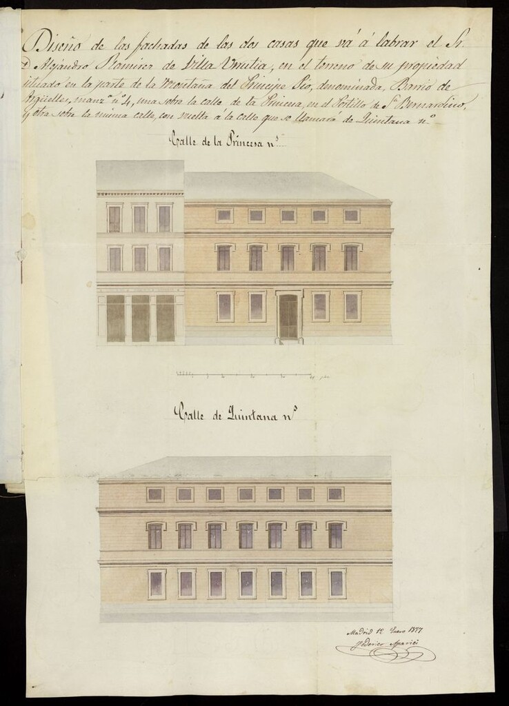 Miniatura de D. Alejandro Ramírez de la Villa-Urrutia, liencia para edificar de nueva planta en el nuevo barrio de Argüelles (Montaña del Principe Pío). (1857)