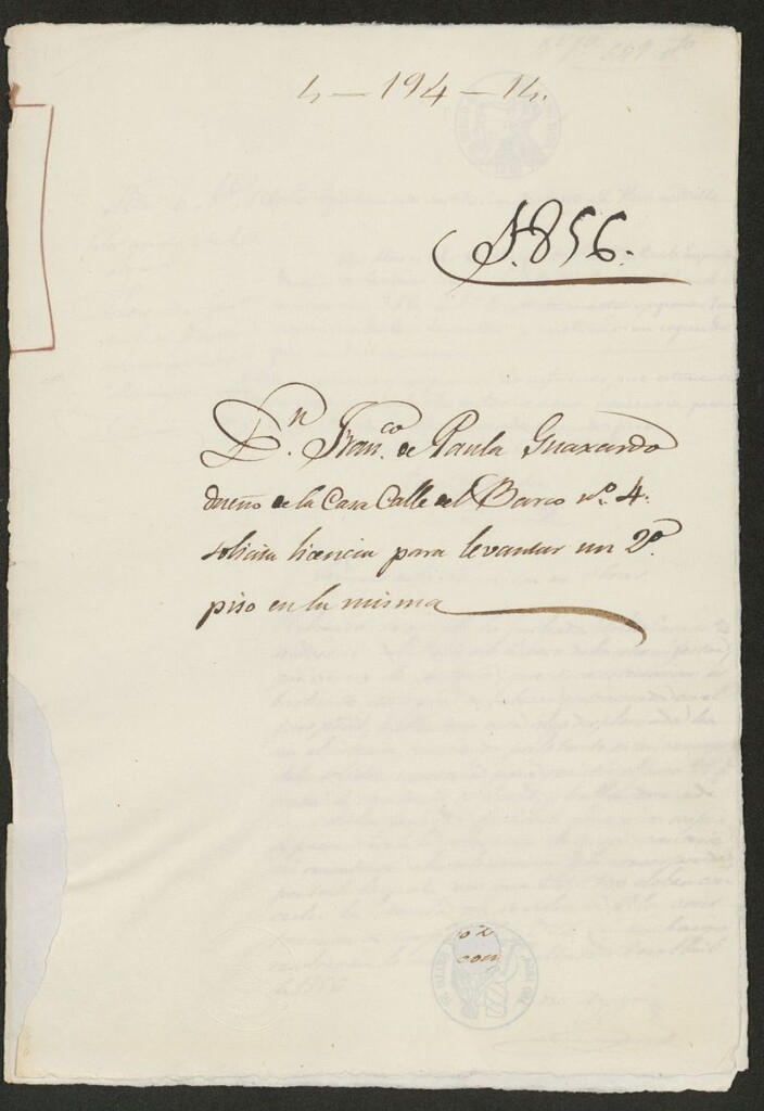 Miniatura de D. Francisco de Paula Guaxardo, dueño de la casa calle del Barco, nº 4, solicita licencia para levantar un 2º piso en la misma. (1856)