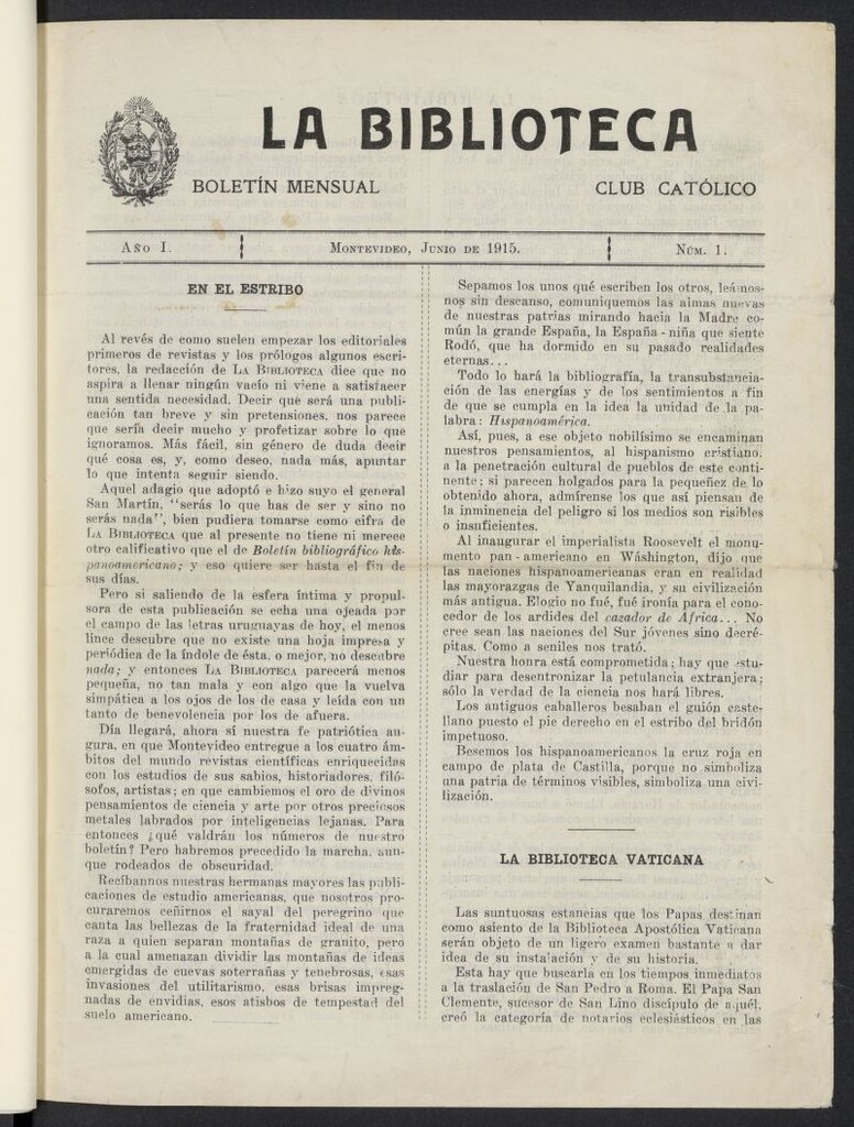 Miniatura de La Biblioteca: Boletín Mensual del Club Católico