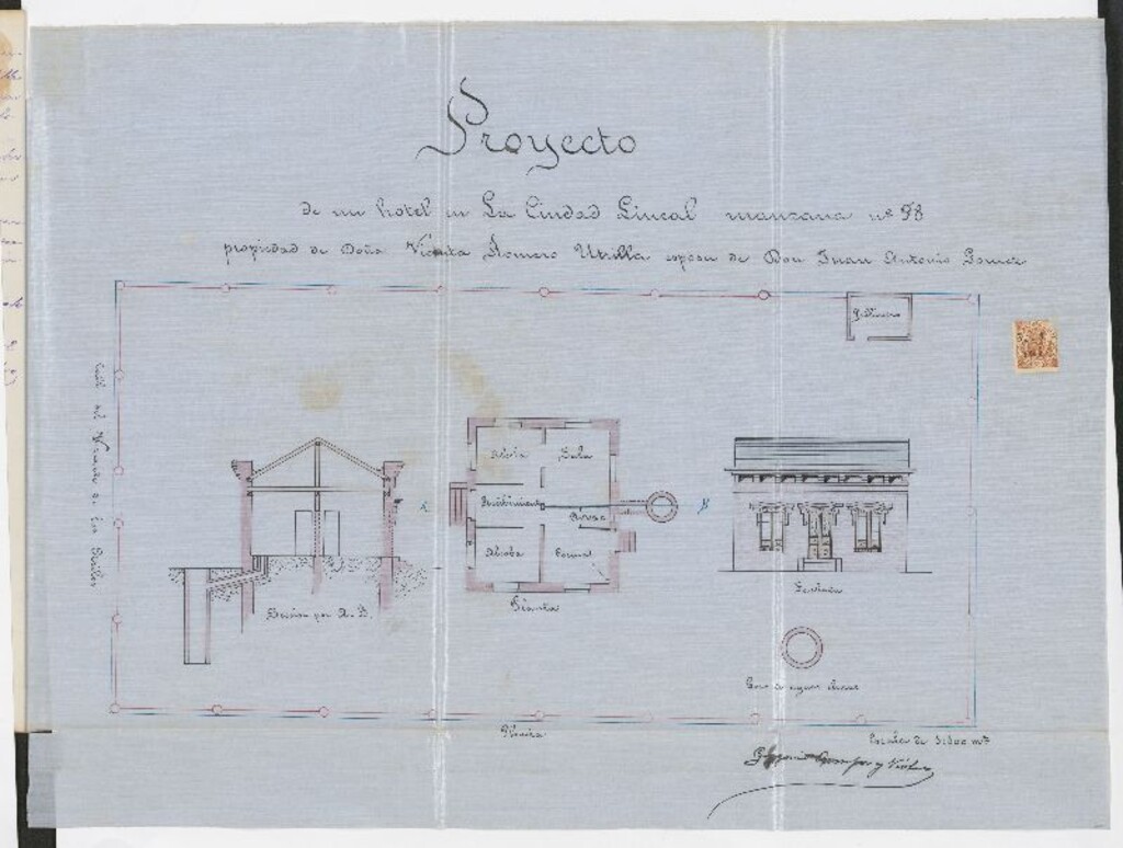 Miniatura de Solicitud de licencia por D. Vicente Romero Utrilla y D. Juan Antonio Gómez para construir un hotelito en la Ciudad Lineal, calle del Vizconde de los Asilos, manzana número 98
