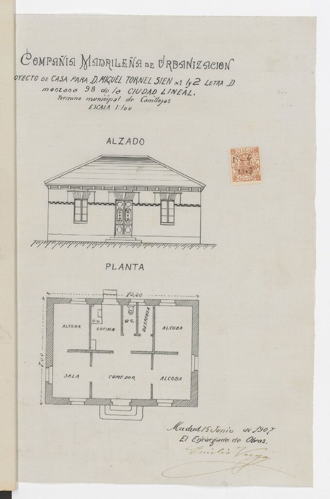 Miniatura de Solicitud de licencia po Emilio Vargas Fernandez para la construcción de una casa en los lotes 1 y 2 , letra D, manzana 98 de la Ciudad Lineal