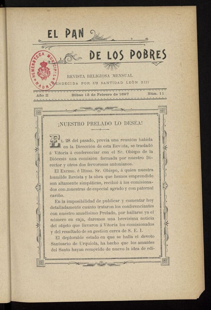 Miniatura de El Pan de los Pobres: revista religiosa mensual del 13 de febrero de 1897
