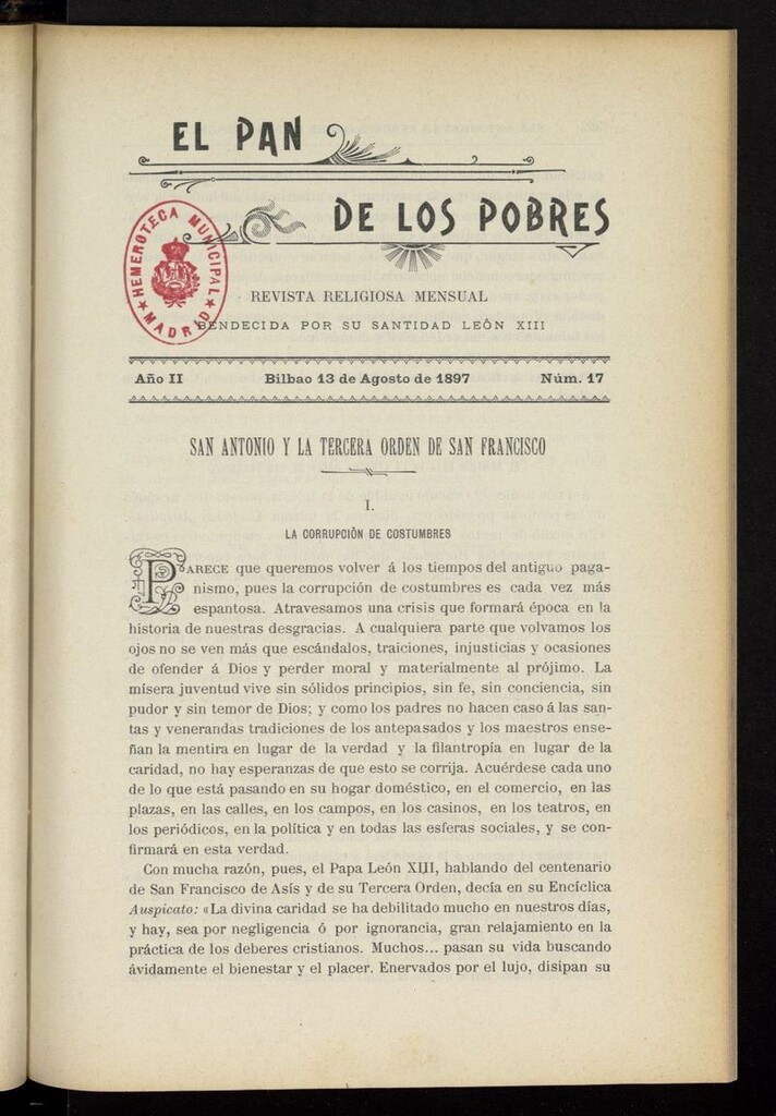 Miniatura de El Pan de los Pobres: revista religiosa mensual del 13 de agosto de 897