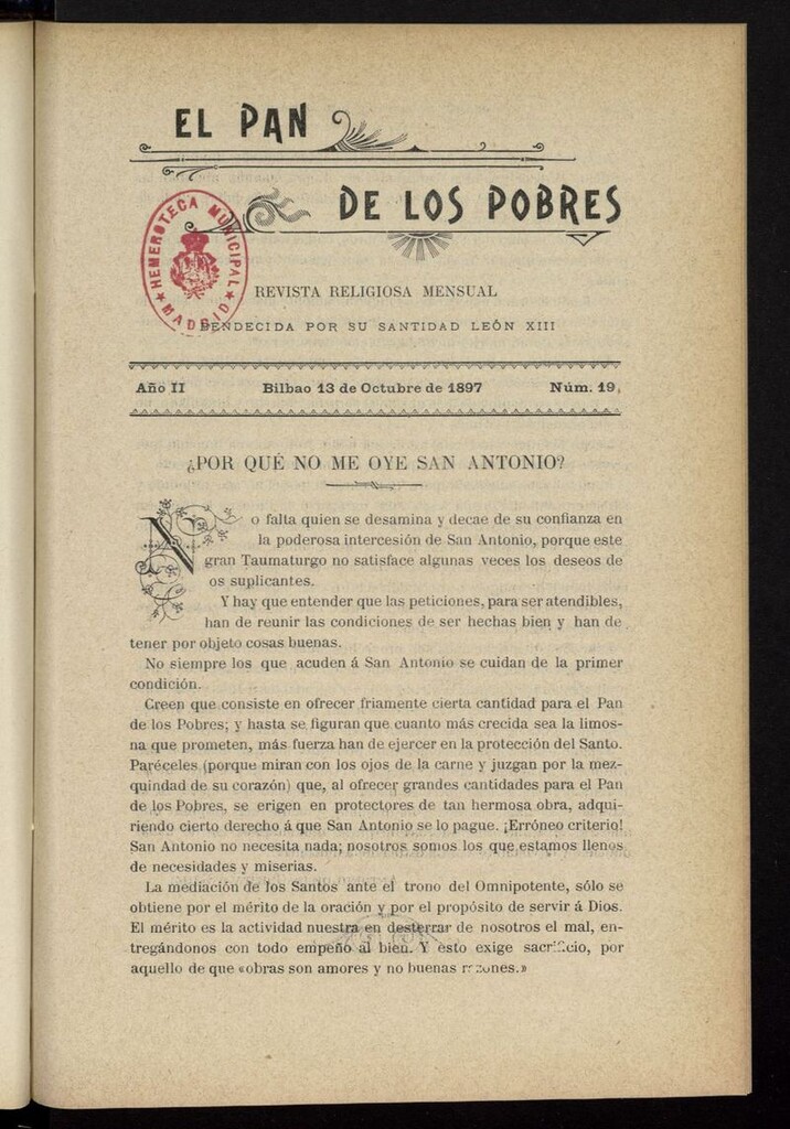 Miniatura de El Pan de los Pobres: revista religiosa mensual del 13 de octubre de 1897