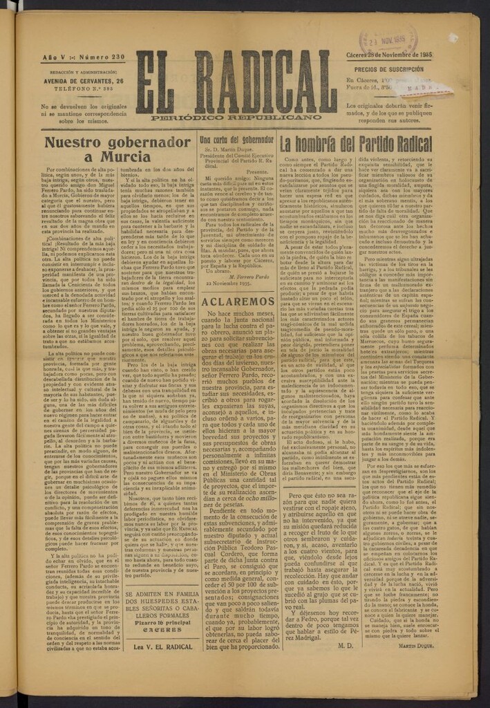 Miniatura de El radical: periódico republicano del 28 de noviembre de 1935
