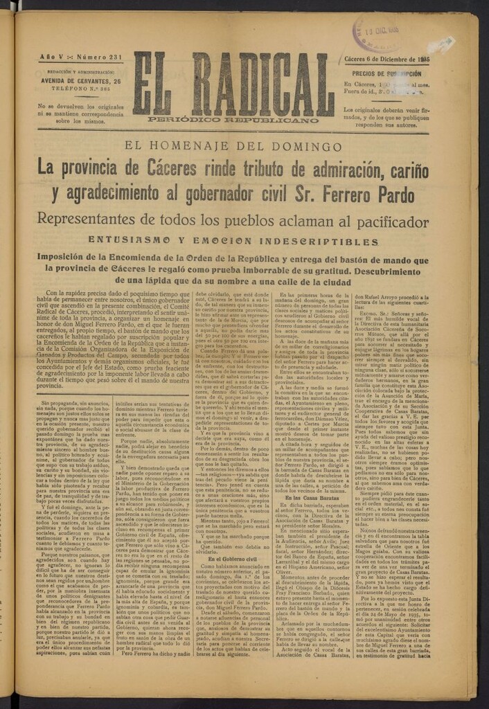 Miniatura de El radical: periódico republicano del 6 de diciembre de 1935