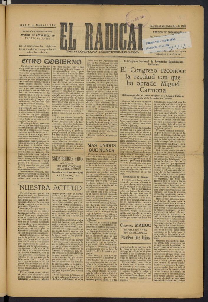 Miniatura de El radical: periódico republicano del 20 de diciembre de 1935