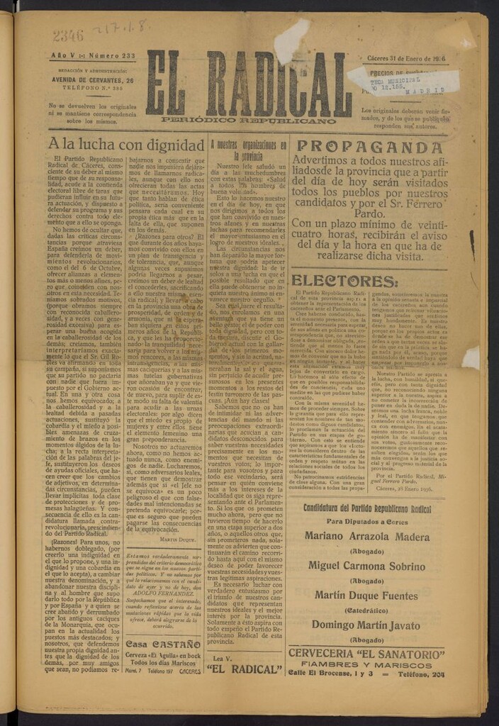 Miniatura de El radical: periódico republicano del 31 de enero de 1936