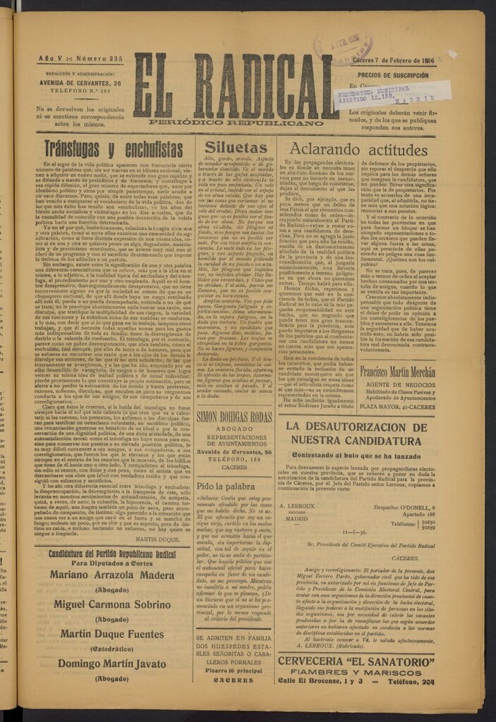 Miniatura de El radical: periódico republicano del 7 de febrero de 1936