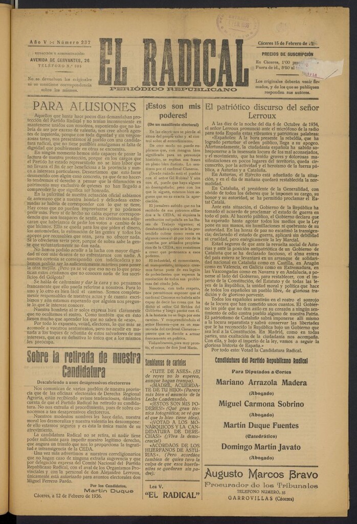 Miniatura de El radical: periódico republicano del 15 de febrero de 1936