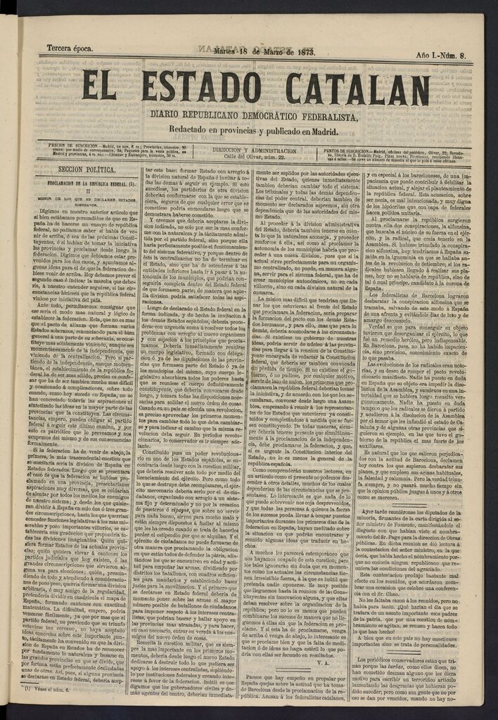 Miniatura de El Estado Catalán: diario republicano democrático federalista del 18 de marzo de 1873