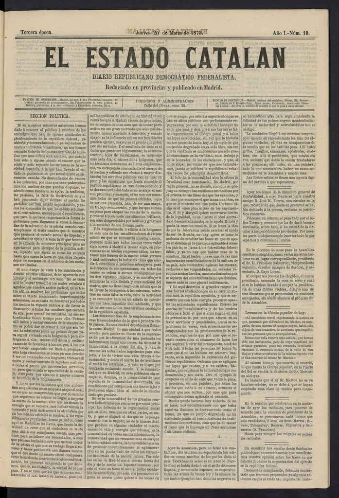 Miniatura de El Estado Catalán: diario republicano democrático federalista del 20 de marzo de 1873